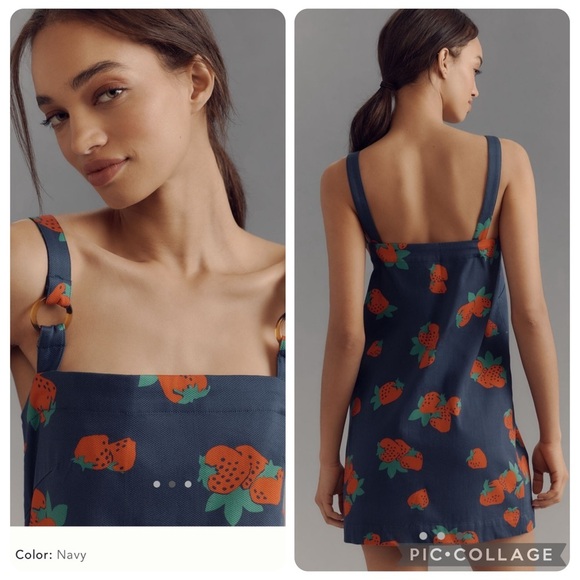 NWT new medium Anthropologie Maeve square neck shift dress strawberry navy blue - Picture 12 of 17